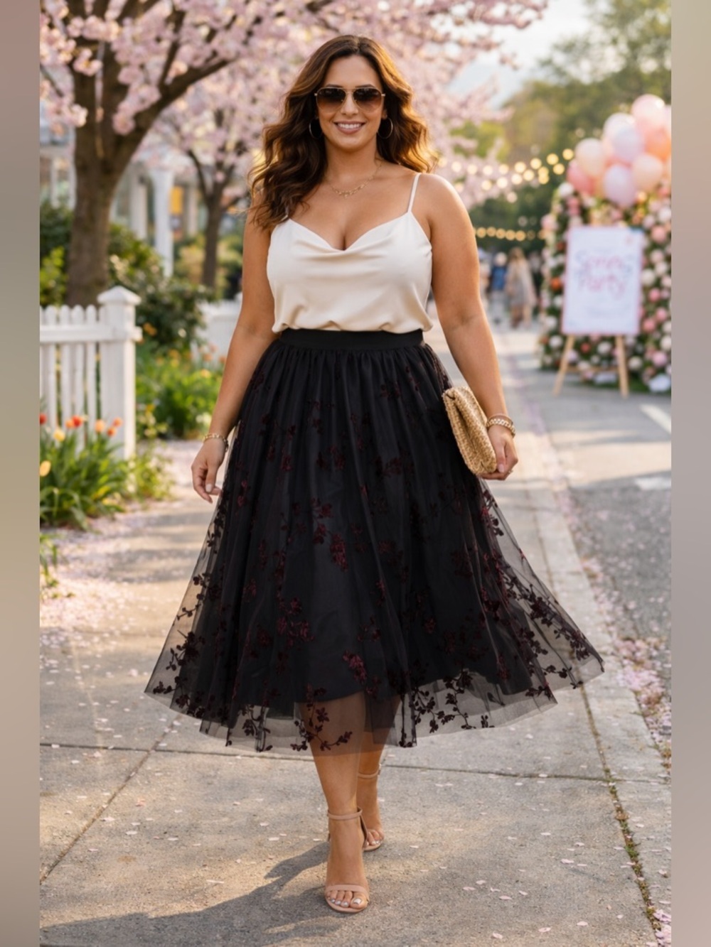 DR2 Black Wine colored velvet floral pattern Tulle Bell Midi Skirt Sz Large NWT - Picture 9 of 11